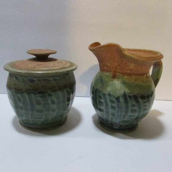 vtg green glazed pottery sugar bowl and creamer set nature tones boho table set - Picture 2 of 8
